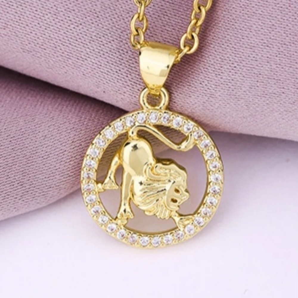 July/Aug Zodiac Leo Necklace Inlaid Zircon Gold Plated Stainless Steel